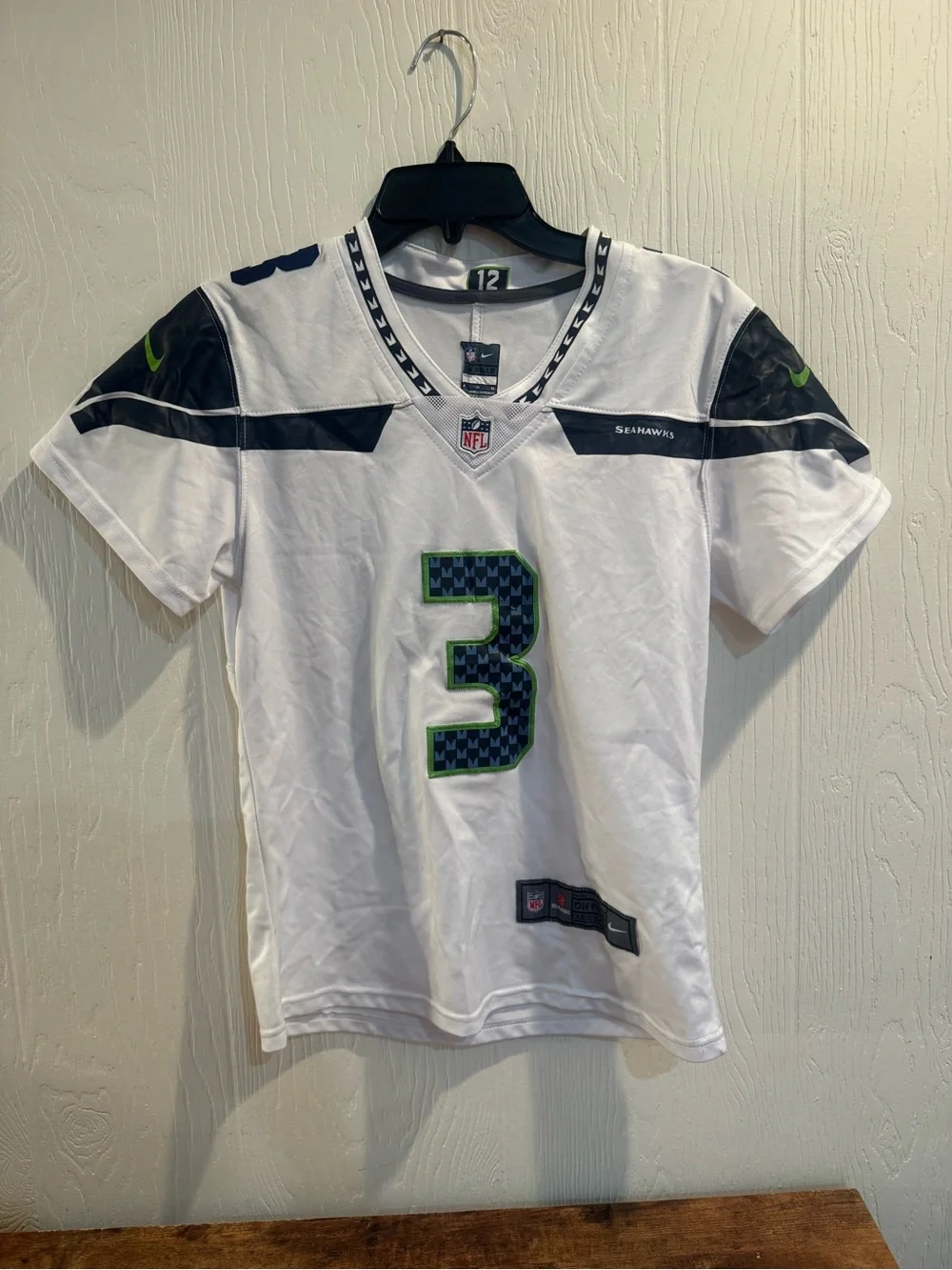 Nike White Seahawks #3 Football Jersey with Navy and Neon Green Accents